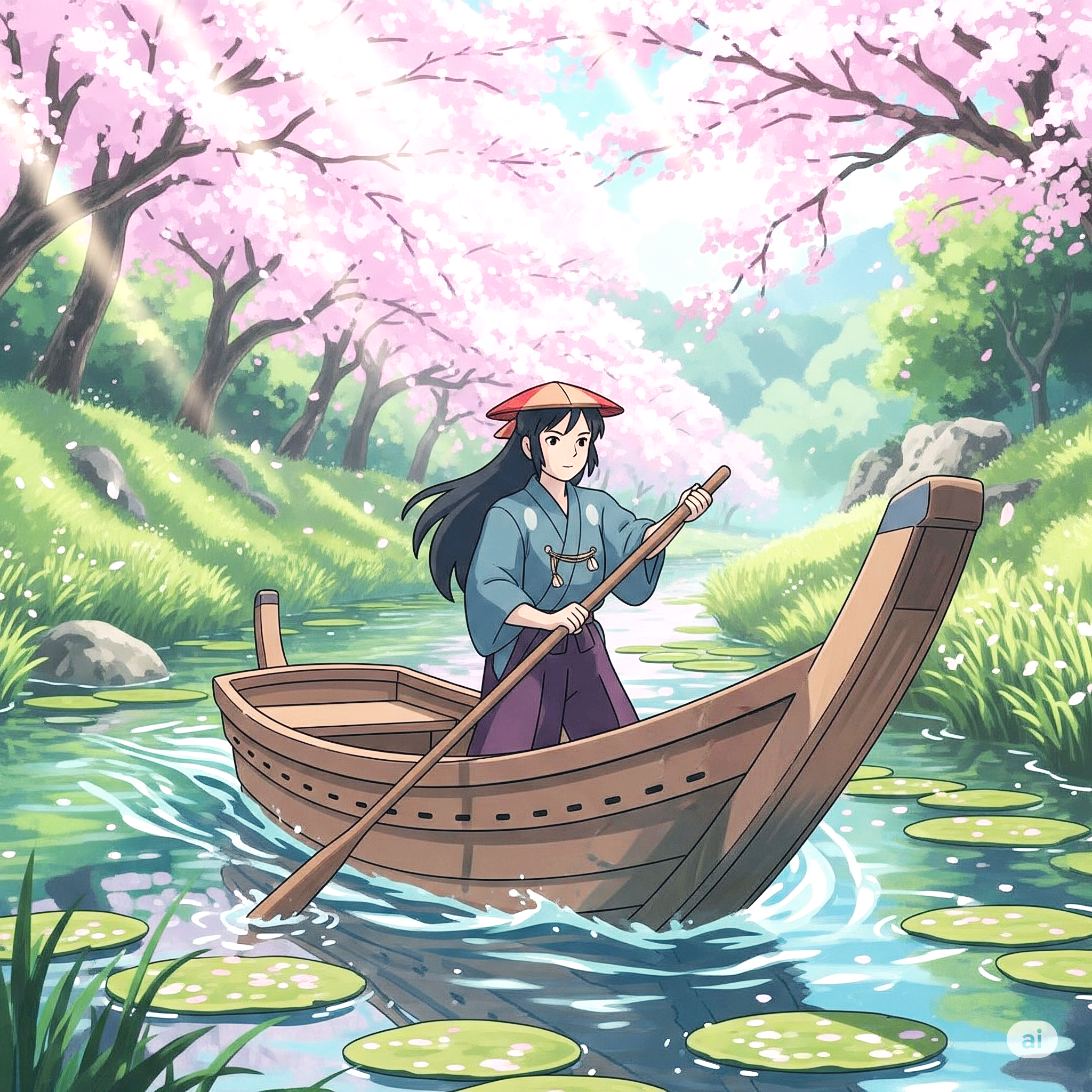 옛날 일본 여자 뱃사공이 배를 저으며 가는 그림