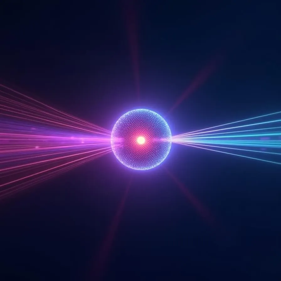 Infleqtion Sqywire 리드버그 원자 기반 RF 수신 시스템 이미지. 중앙의 고에너지 리드버그 상태 원자가 거대한 전자 궤도와 함께 표현되어 있으며&amp;#44; kHz부터 THz까지 다양한 주파수의 전자기파가 무지개 스펙트럼으로 원자를 향해 접근한다. 기존 금속 안테나가 없는 혁신적 기술을 강조하며&amp;#44; 퍼플과 청록색 레이저 빔이 원자를 제어한다. 초민감 광대역 신호 감지 능력을 시각화 (Sqywire Rydberg atom RF sensor wideband detection) 