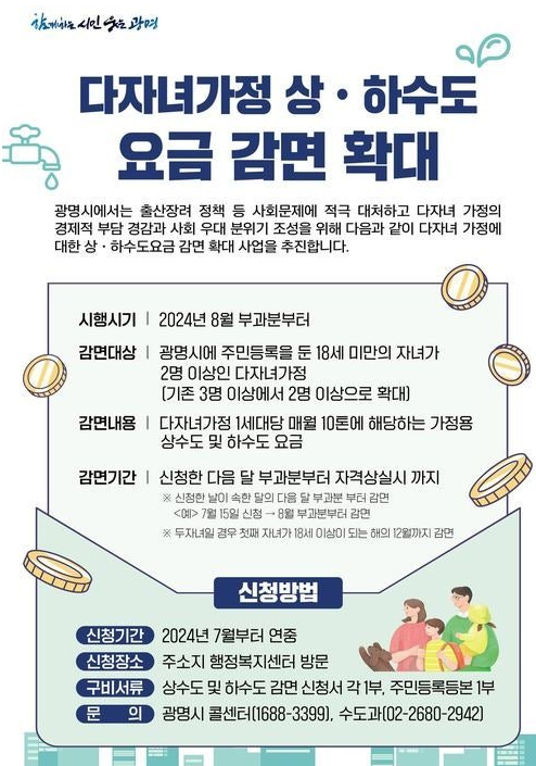 다자녀 상하수도 요금 할인 및 감면 혜택 안내(시흥, 안동, 인천, 서울, 광명 등)