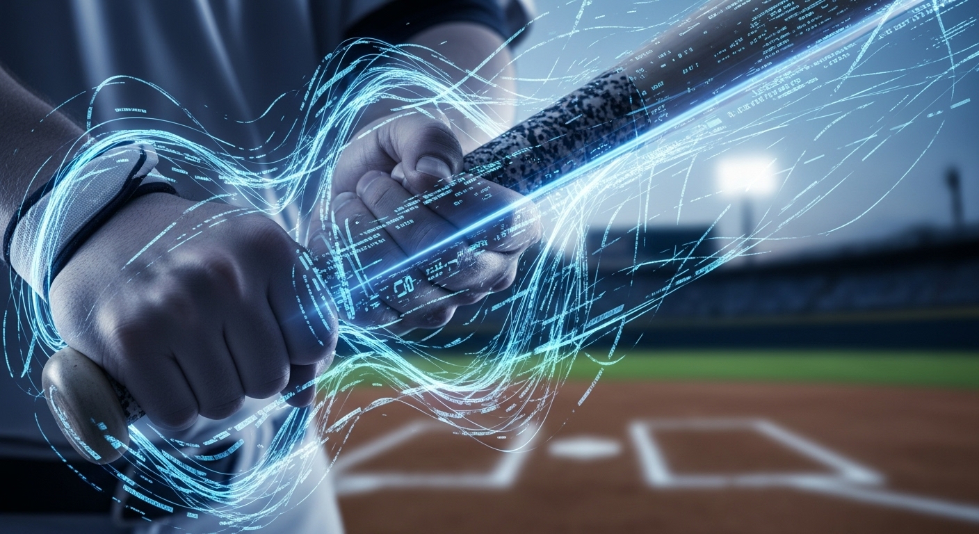 데이터 분석을 통해 선수 능력을 평가하는 AI의 시각을 상징하는 야구 방망이와 빛나는 데이터 흐름.