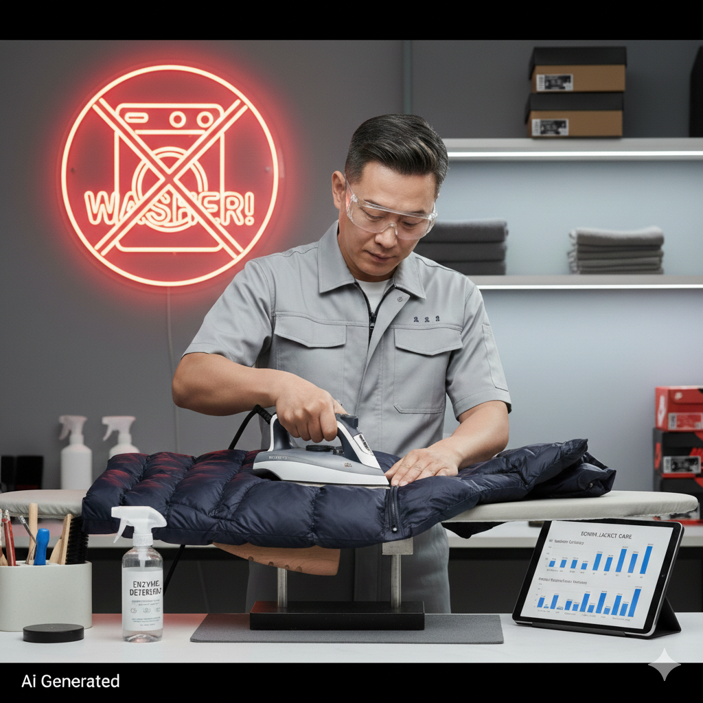 오리털 패딩의 발수 기능을 살리기 위해 다리미로 열처리를 하는 전문가의 모습