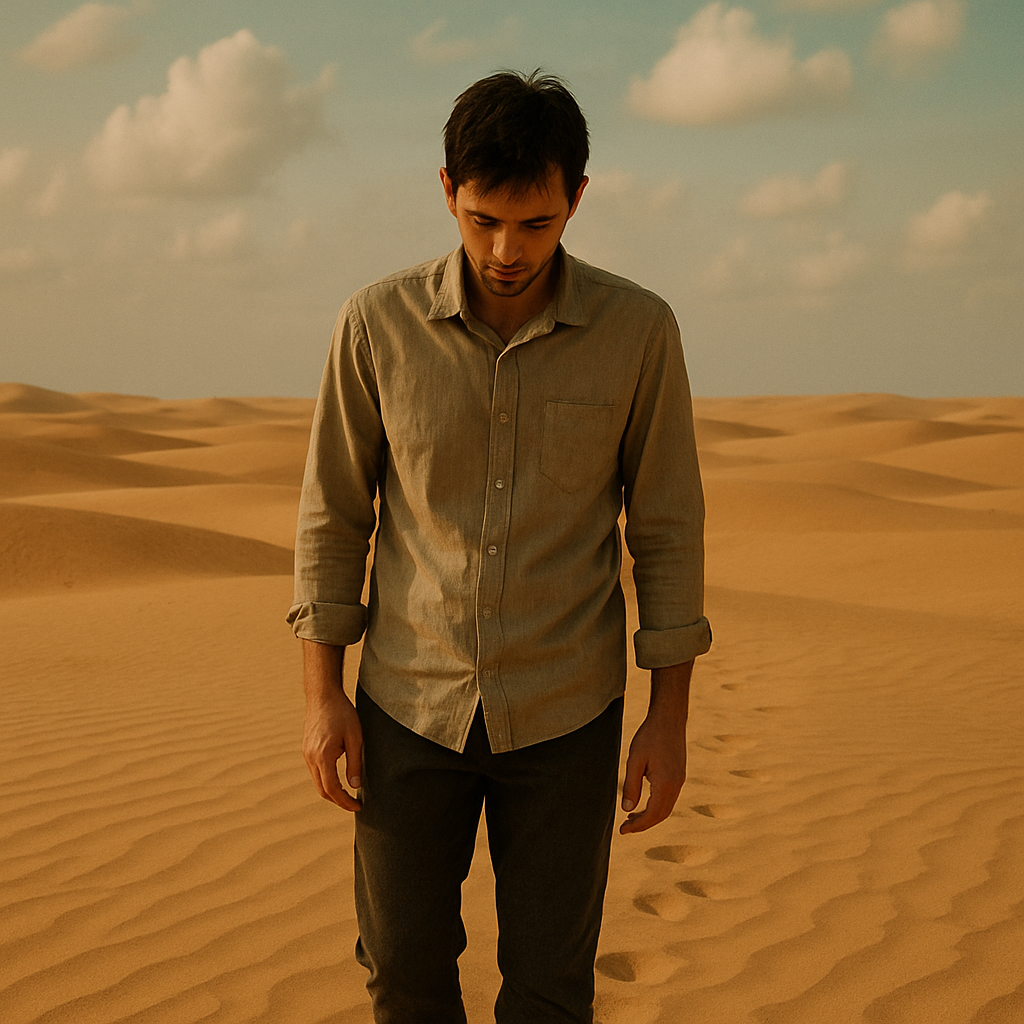 사막에서 걷는 남성의 모습