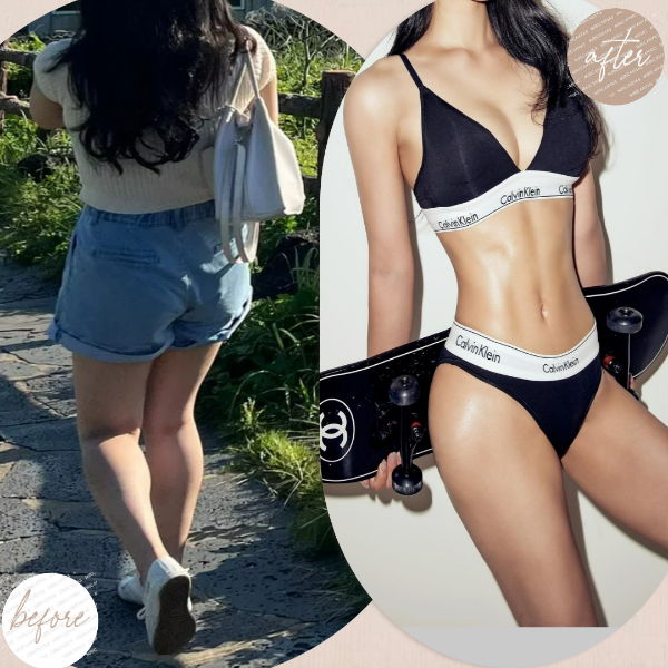 바디프로필 전후 비교 이미지. 왼쪽은 청반바지와 반팔 니트를 입고 걸어가는 모습이며, 오른쪽은 다이어트 후 선명한 복근과 탄탄한 몸매가 드러나는 바디프로필 사진.