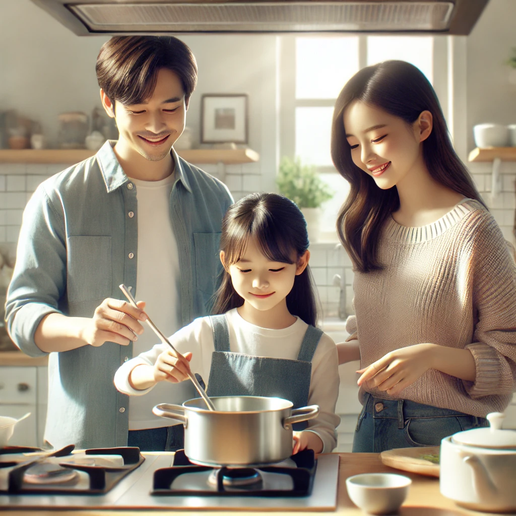 딸이 스토브 위에서 냄비를 저으며 부모님과 함께 요리를 배우는 모습
