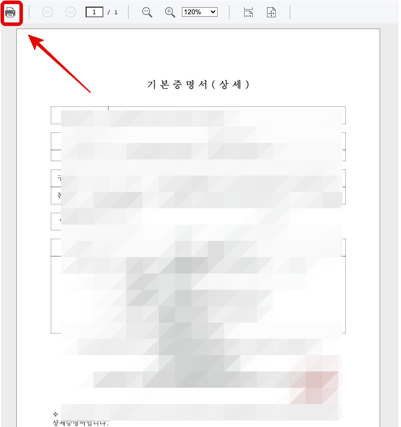기본증명서 상세 발급 인쇄