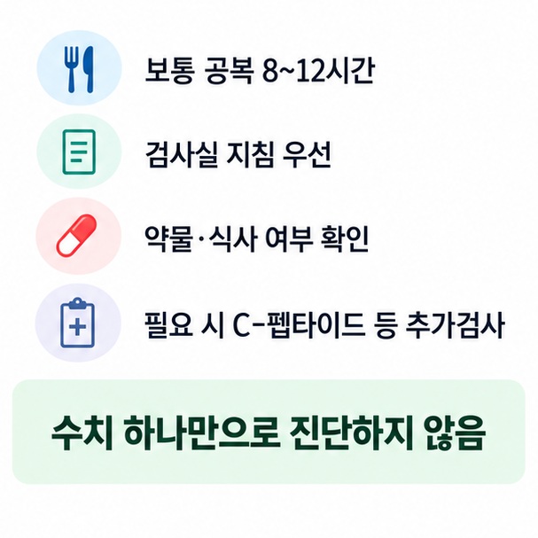 인슐린 검사 전 금식시간 확인 복용약 알리기 결과지 단위와 참고범위 확인 공복혈당 당화혈색소 함께 보기를 정리한 이미지