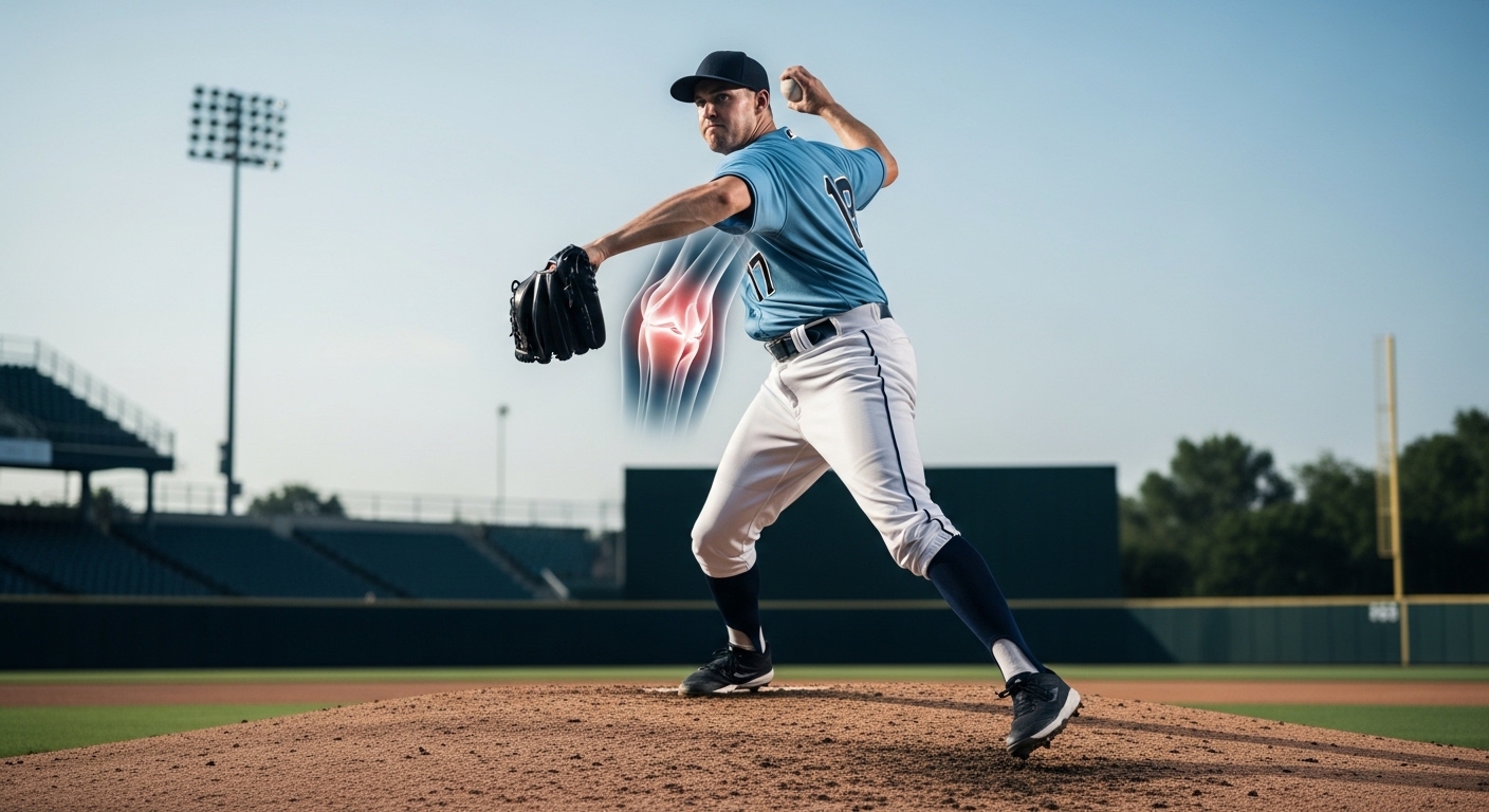 역동적으로 투구하는 야구 선수의 팔꿈치 내측 측부 인대(UCL)가 강조된 이미지. 토미 존 수술의 필요성을 시각적으로 설명합니다.