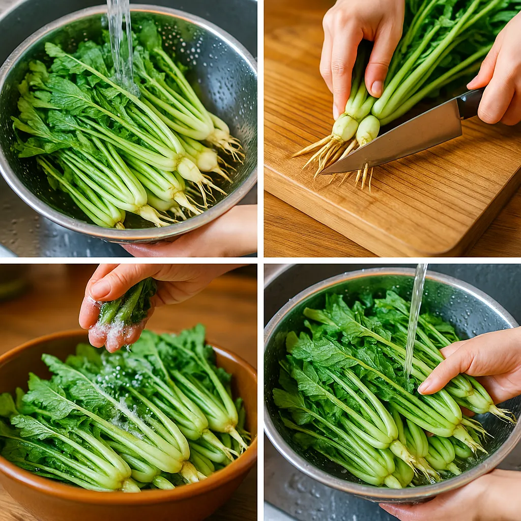 열무를 세척하고 절이는 과정을 4단계로 보여줍니다