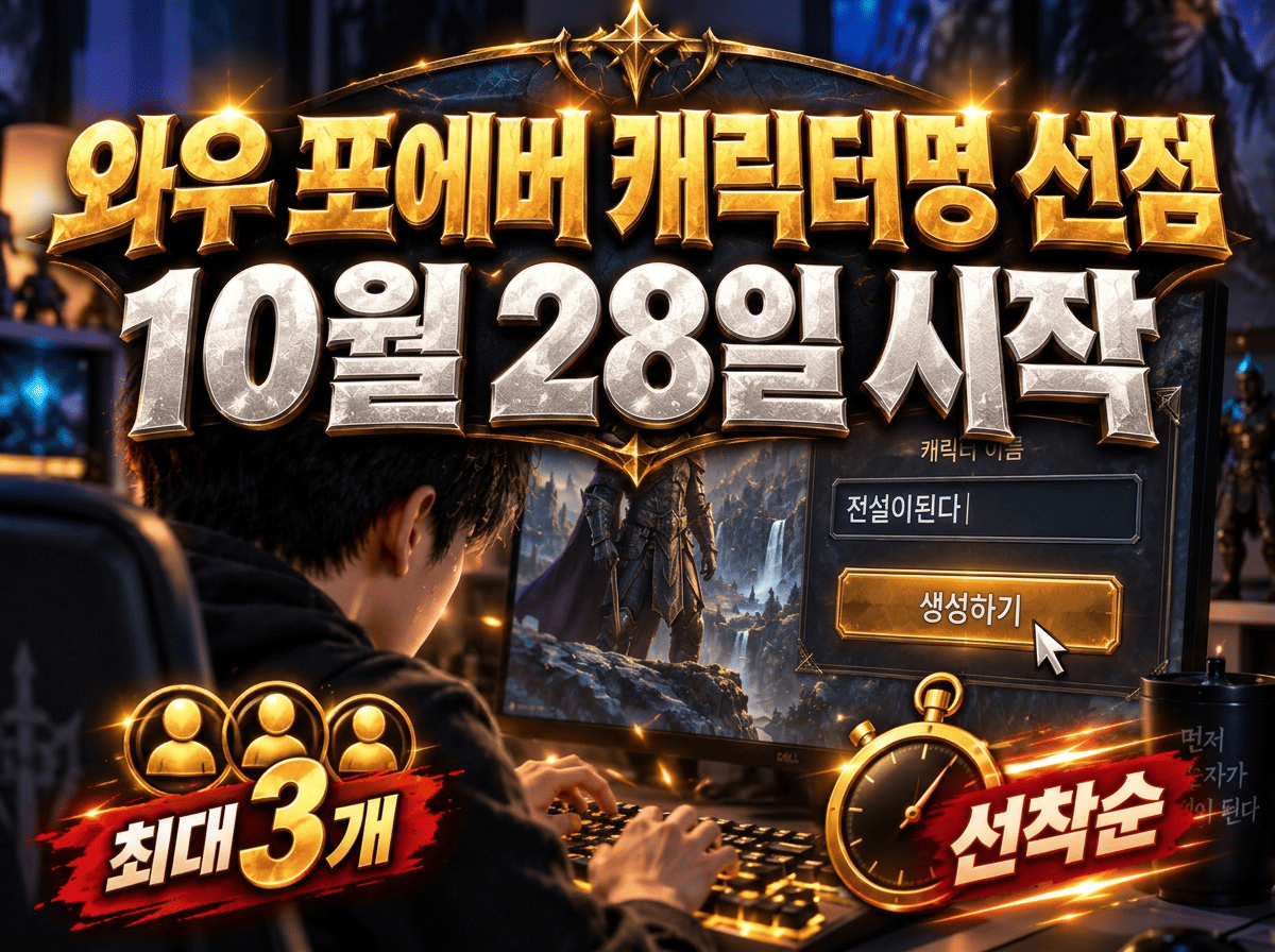 와우 포에버 캐릭터명 선점 날짜와 최대 3개 제한을 보여주는 판타지 게임 캐릭터 생성 화면