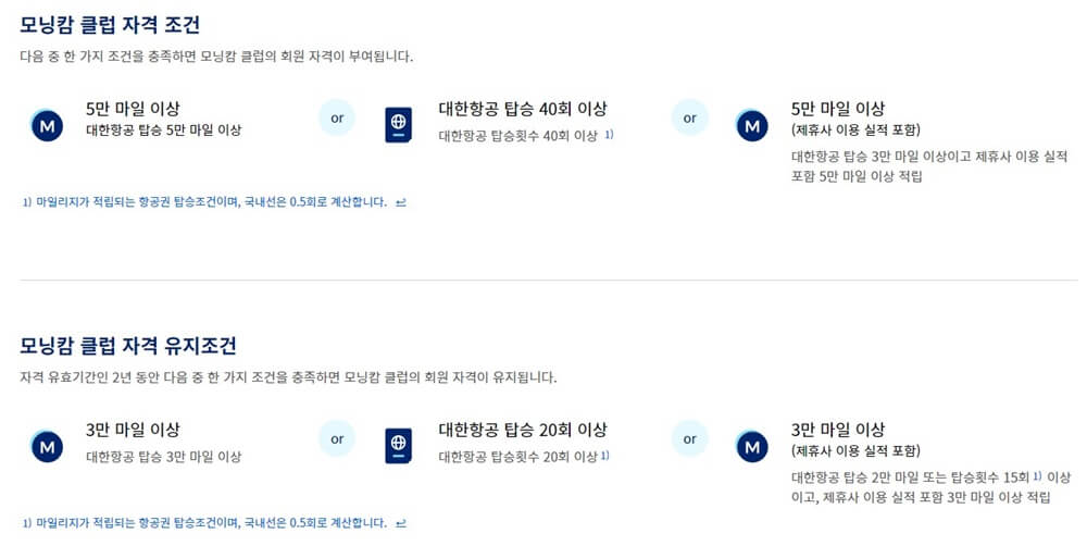 대한항공 모닝캄 등급 회원이 되기 위한 조건을 보여주는 표