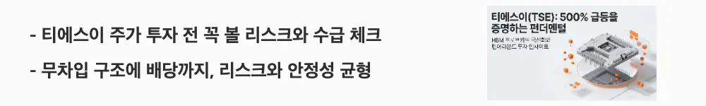티에스이 주가전망: '티에스이 투자 전 꼭 볼 리스크와 수급 체크'라는 문구가 포함된 웹배너 이미지. 이 이미지는 티에스이의 밸류에이션 부담과 수급 구조, 무차입&middot;배당 등 안정성 요소를 시각적으로 전달하며, 블로그의 티에스이 주가 전망 주제와 관련된 내용을 설명함