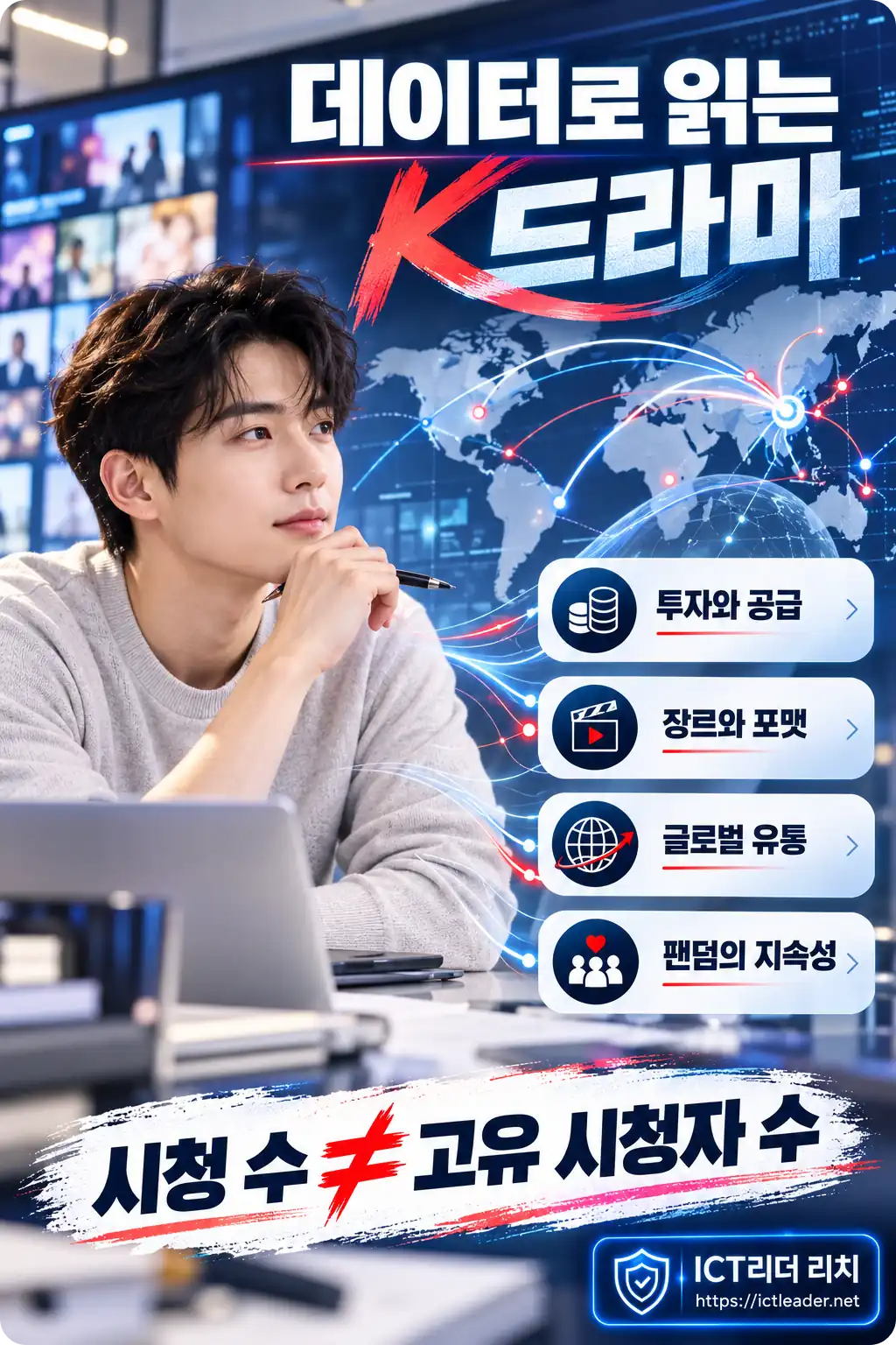 글로벌 연결을 표현한 지구본과 영상 화면 앞에서 밝게 미소 짓는 화이트 의상의 여성