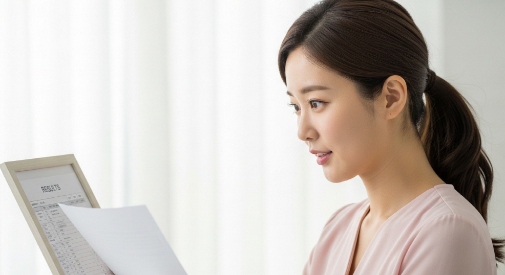 건강검진 결과표를 들여다보는 여성