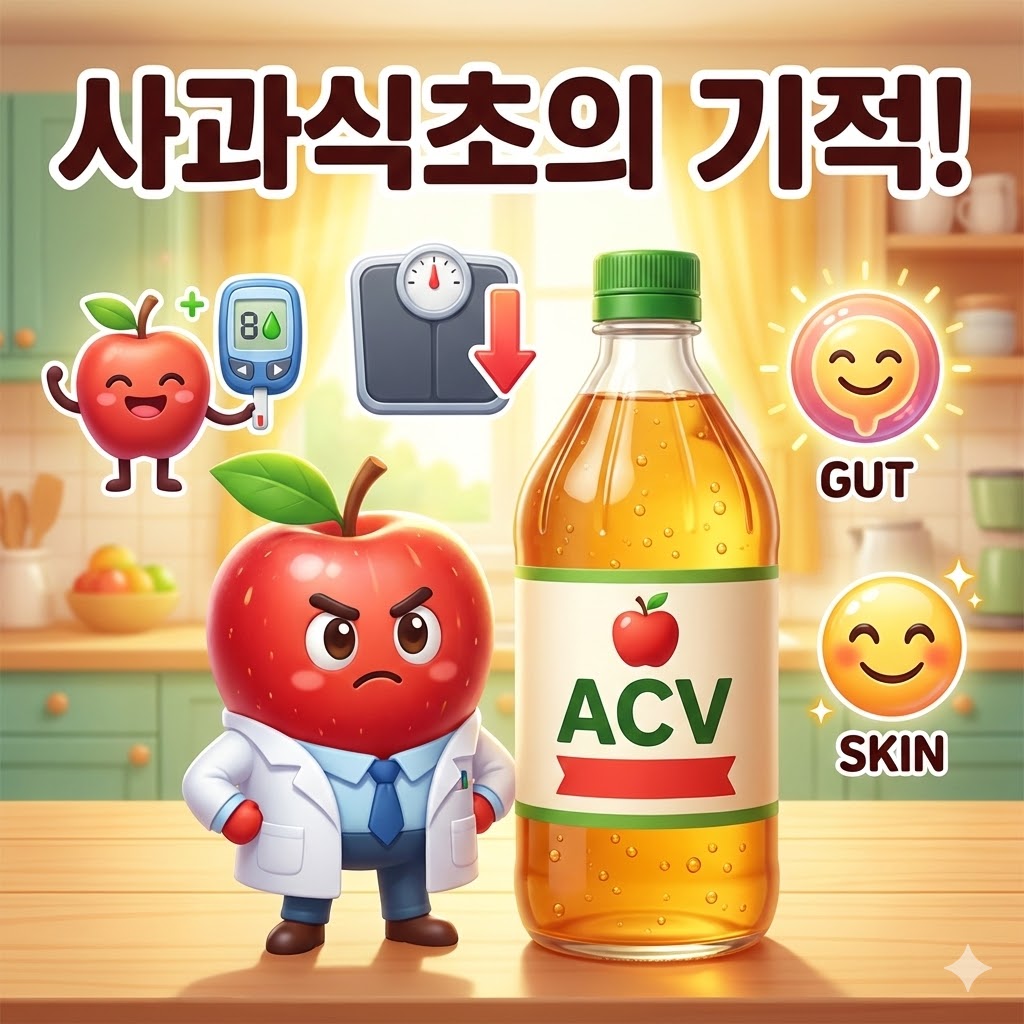 초모가 있는 사과식초 병 옆에서 작은 사과 캐릭터가 혈당, 체중, 소화, 피부 건강 아이콘과 함께 서 있는 귀여운 3D 카툰 일러스트.