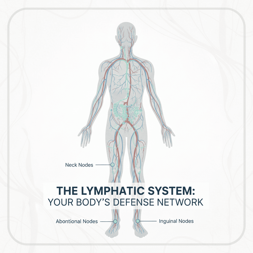 온몸에 퍼져 있는 림프관과 림프절 구조. 말단 조직에서 시작된 림프액이 림프절을 거쳐 정맥으로 돌아갑니다.