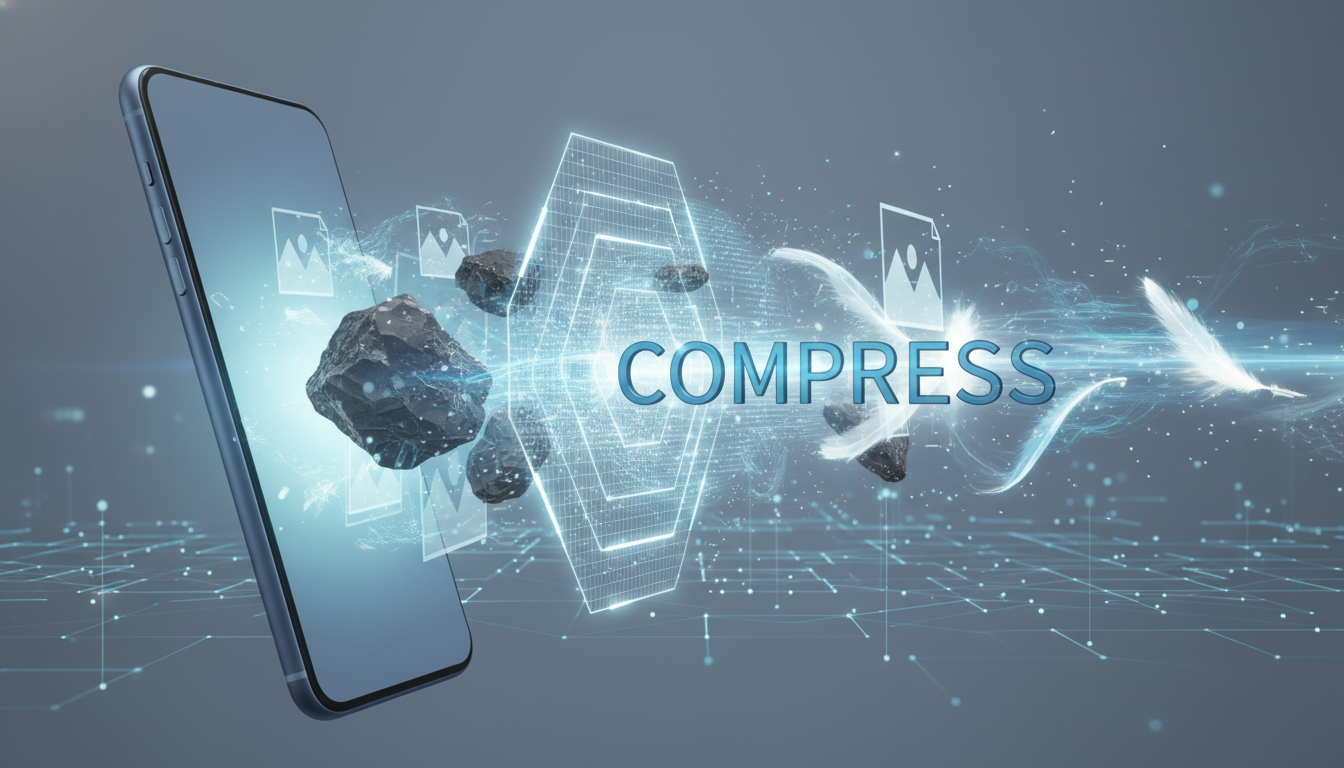 아이폰과 갤럭시 스마트폰의 사진 용량을 화질 저하 없이 압축하는 과정을 시각화한 3D 일러스트