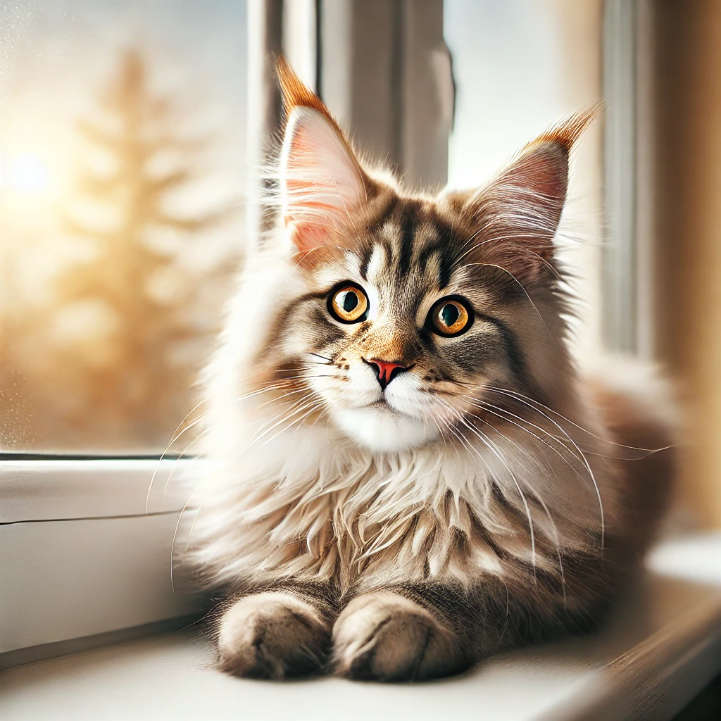 창가에 앉아 바깥을 바라보는 메인쿤 고양이. 긴 털과 귀여운 귀 솜털이 특징이며, 따뜻한 햇살이 비치는 평화로운 분위기의 장면.