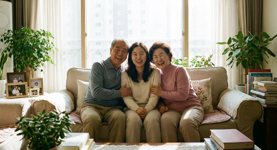 돌봄 인력의 지원을 받아 건강하게 일상으로 복귀하여 미소 짓는 어르신과 가족들의 모습
