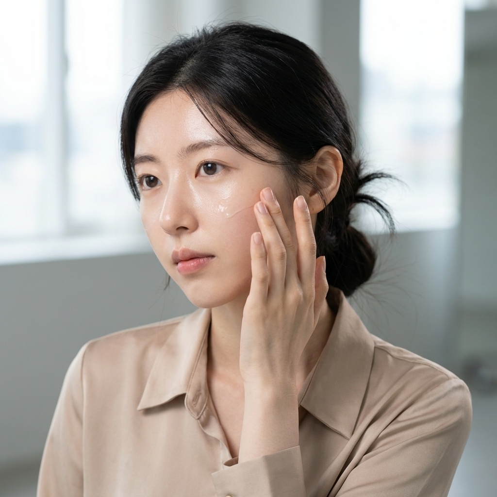잔주름과 피부결 개선을 위해 스킨케어를 하는 20대 후반 여성의 클로즈업
