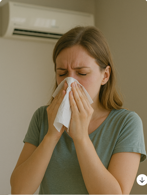 에어컨 앞에서 코푸는 여성 사진
