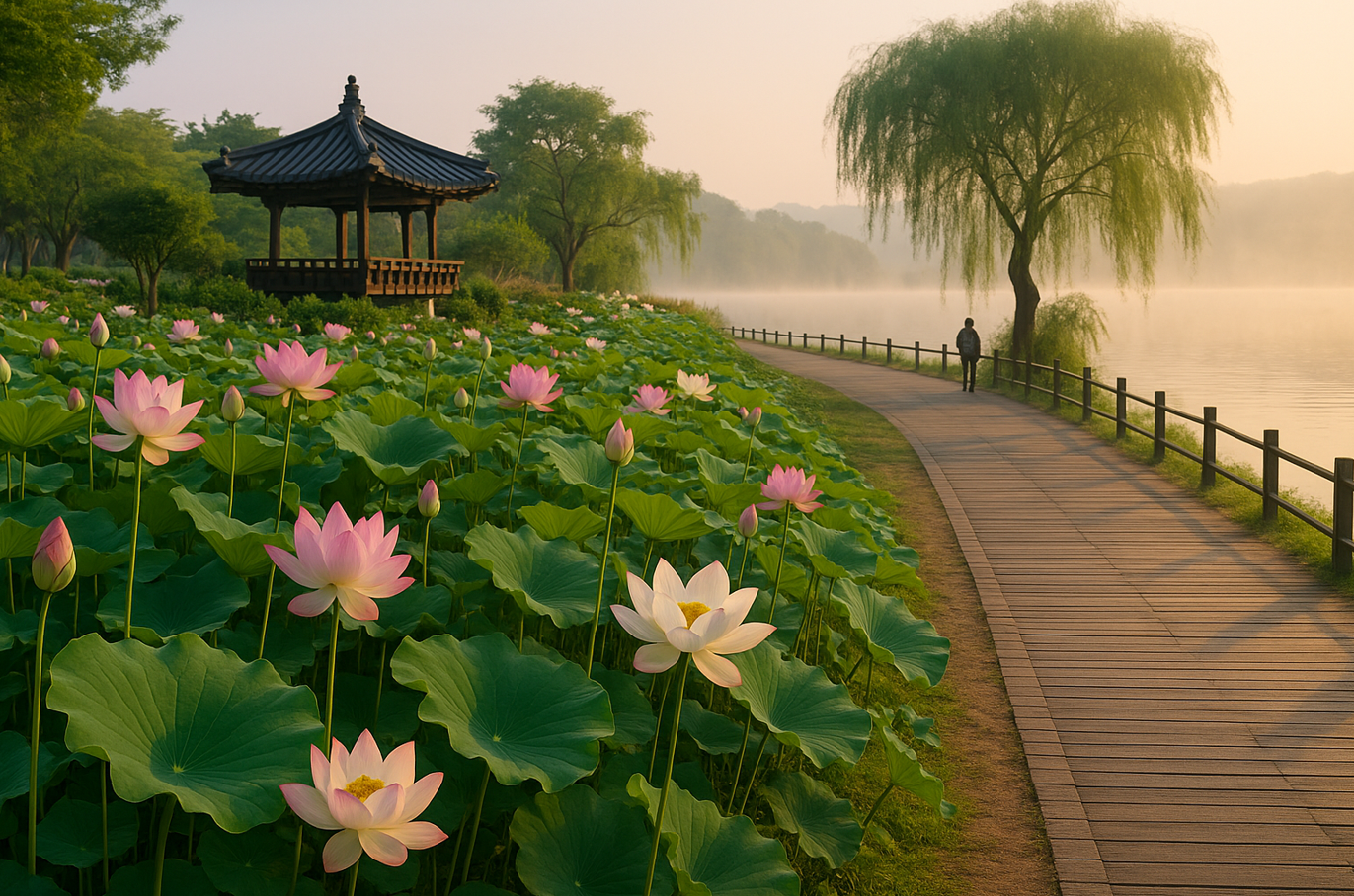 연꽃과 물안개가 보이는 사진