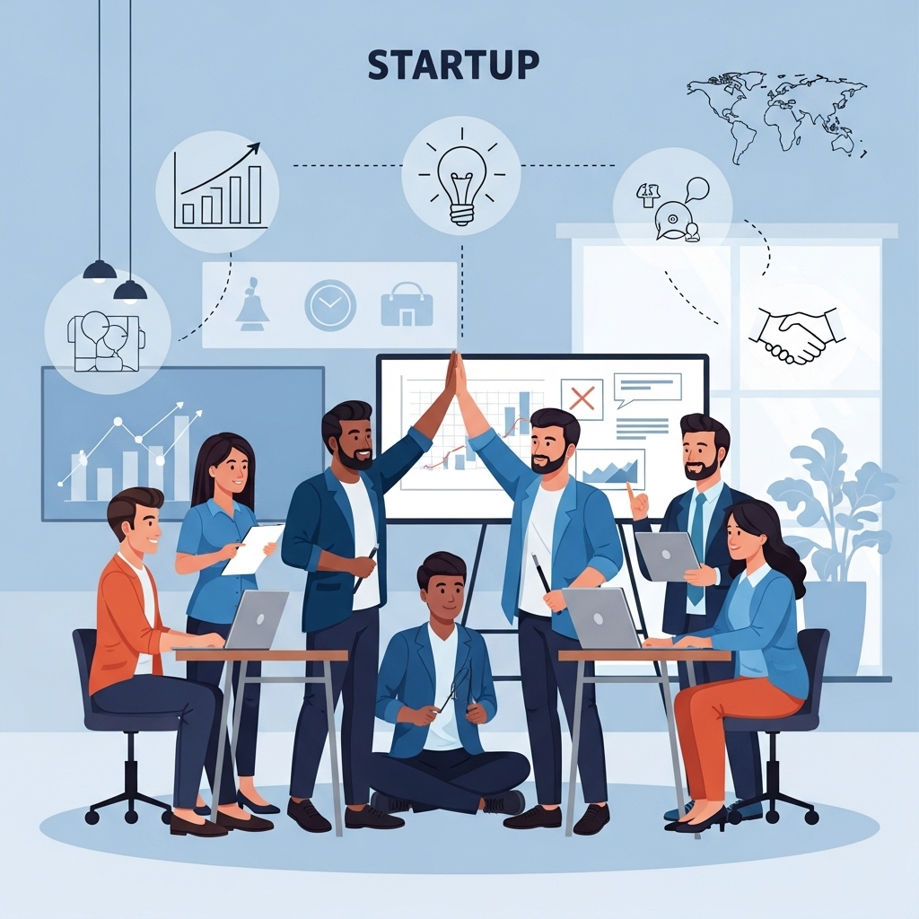 다양한 스타트업 창업가들이 현대적인 코워킹 스페이스에서 활발하게 협업하고 네트워킹하며 아이디어를 공유하는 모습. 성공적인 스타트업 성장을 위한 지원센터의 역할을 상징합니다.