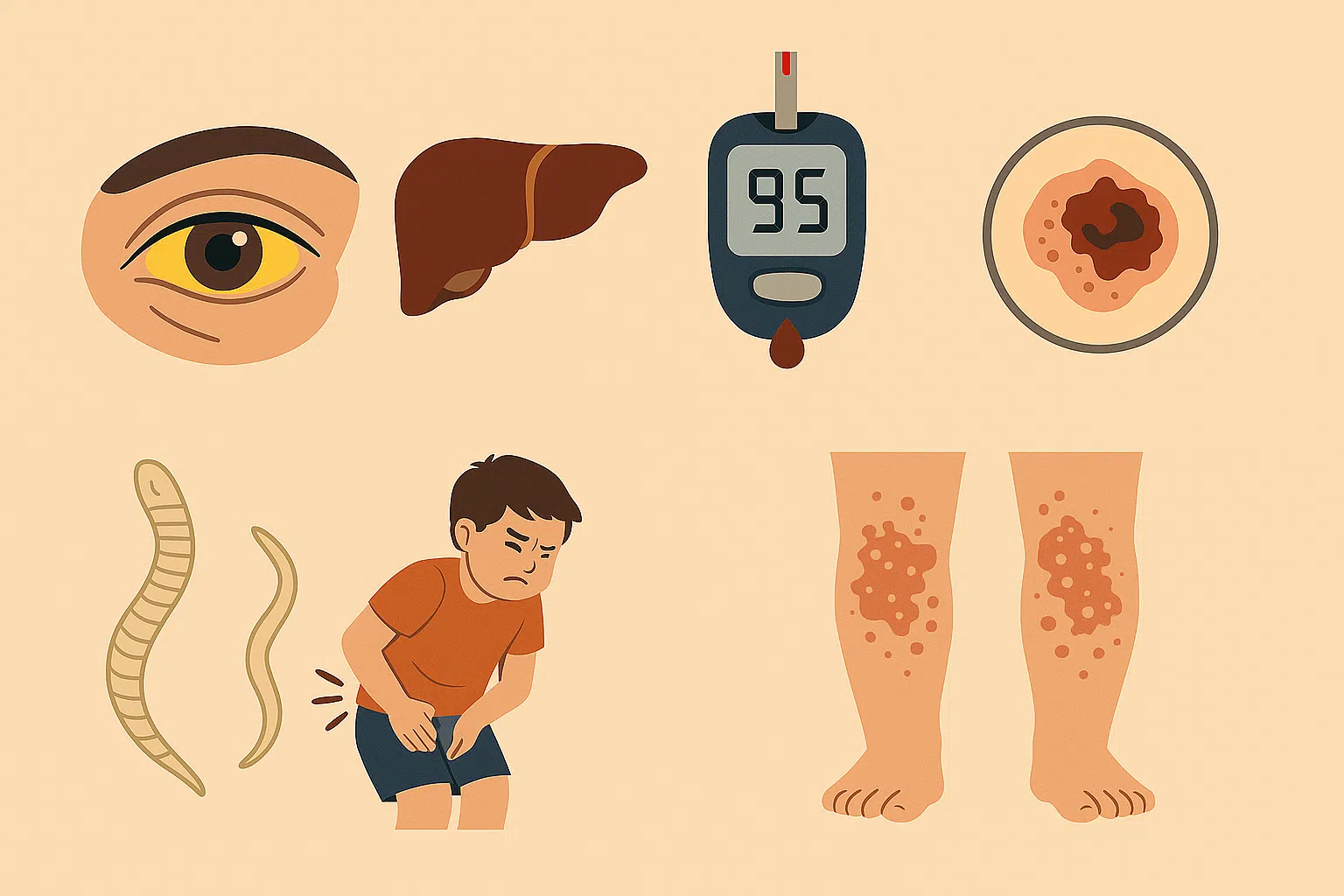 간 질환(노란 눈자위 아이콘), 당뇨병(혈당계와 곰팡이 아이콘), 기생충 감염(요충 그림, 아이가 항문을 긁는 장면), 피부건선&middot;습진(대칭적 발진 그림)