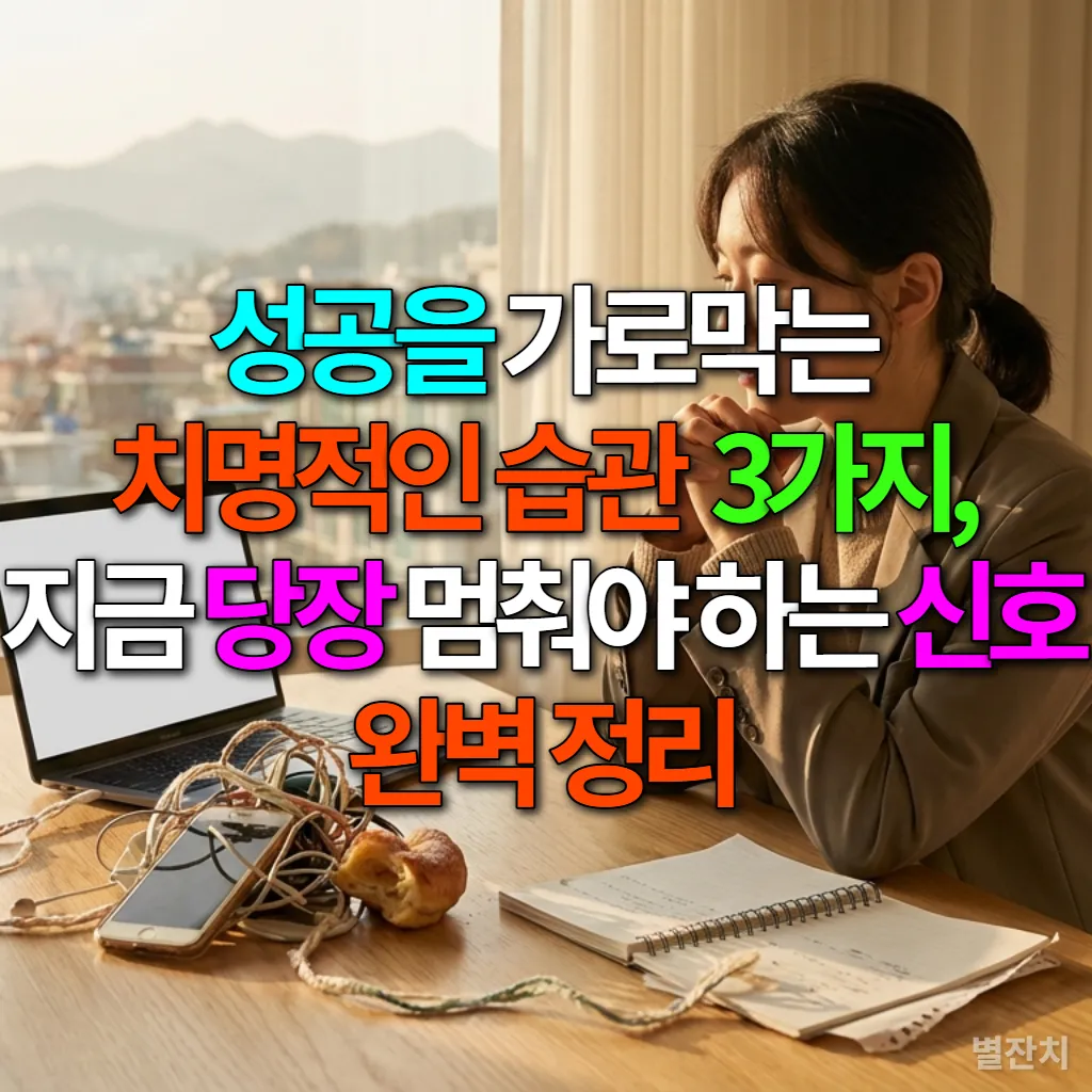 성공을 방해하는 습관에 묶여 고민하는 한국인 여성의 모습
