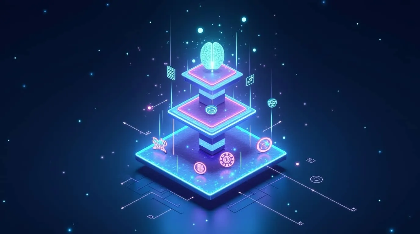 오픈 AI 데브데이 2025 3층 구조 아키텍처 일러스트: 하단의 AI 모델 레이어, 중간의 에이전트 레이어, 상단의 앱 플랫폼 레이어가 빛나는 에너지 라인으로 연결된 미래지향적 기술 타워 (OpenAI DevDay 2025 three-tier architecture illustration with AI models, agents, and apps platform layers)