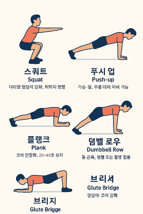 기초 루틴: 스쿼트·푸시업·플랭크·덤벨 로우 — 주 3회