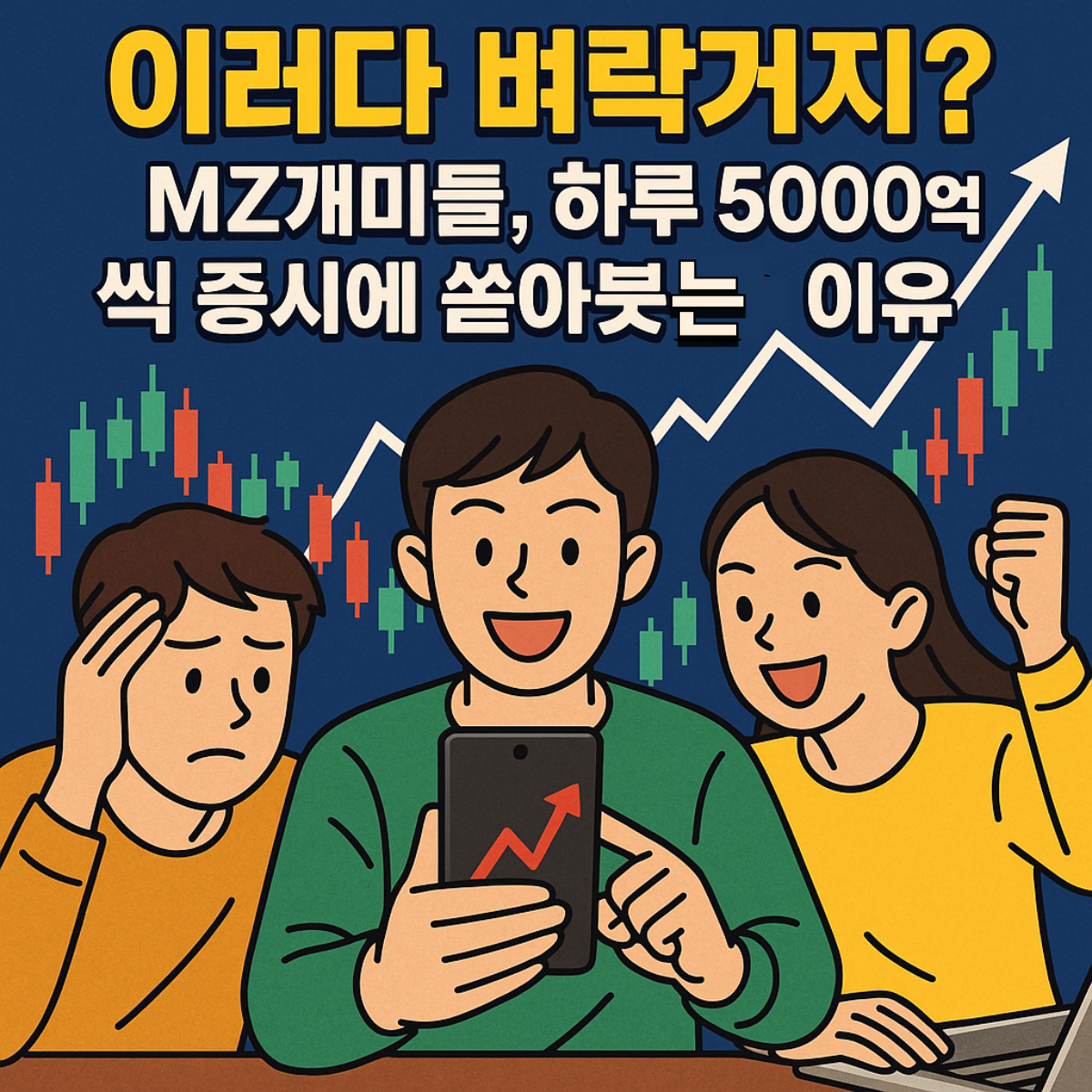 “하루 5000억 원씩 증시에 유입되는 MZ세대 투자 열풍을 주제로, 주식 그래프와 스마트폰, MZ 청년들의 투자 모습을 강조한 일러스트 이미지.”