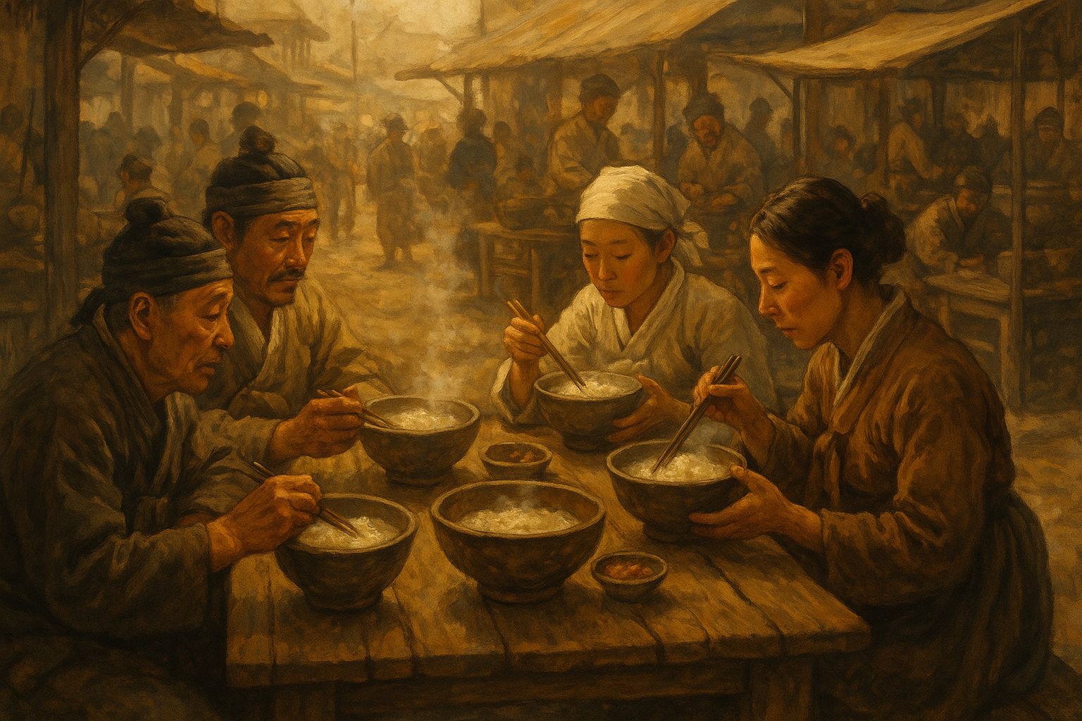 옛 장터에서 사람들이 둘러앉아 따뜻한 국밥을 먹는 모습