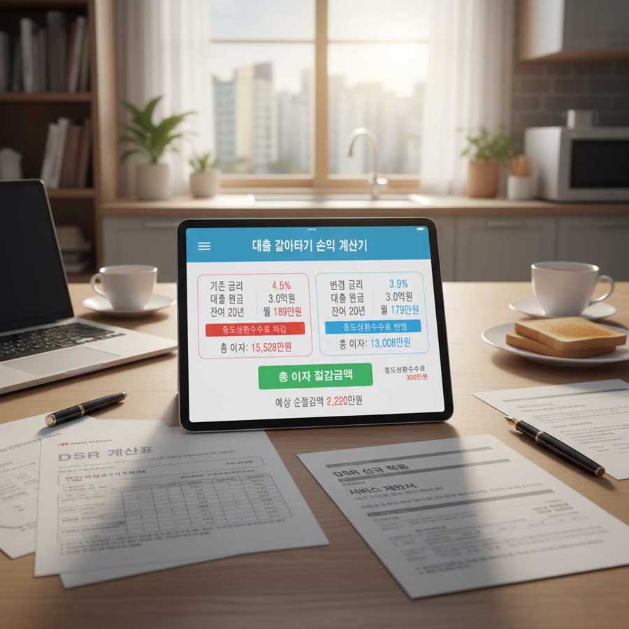 대출 갈아타기 전 금리 4.5%와 3.9% 비교를 통해 총이자와 순절감액을 계산하는 2026 손익 시뮬레이션 이미지
