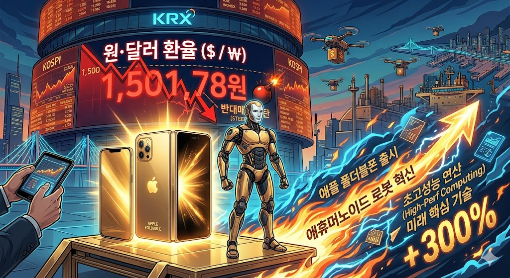 1,500원 선을 뚫고 가파르게 상승하는 원&middot;달러 환율 전광판을 배경으로, 황금빛 광채를 뿜어내는 애플의 차세대 폴더블폰과 정밀 감속기 관절을 장착한 휴머노이드 로봇이 당당하게 서 있는 미래지향적 일러스트