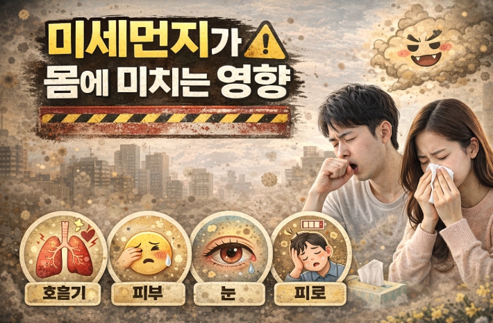 미세먼지가 호흡기 눈 피부 건강에 미치는 영향을 표현한 이미지