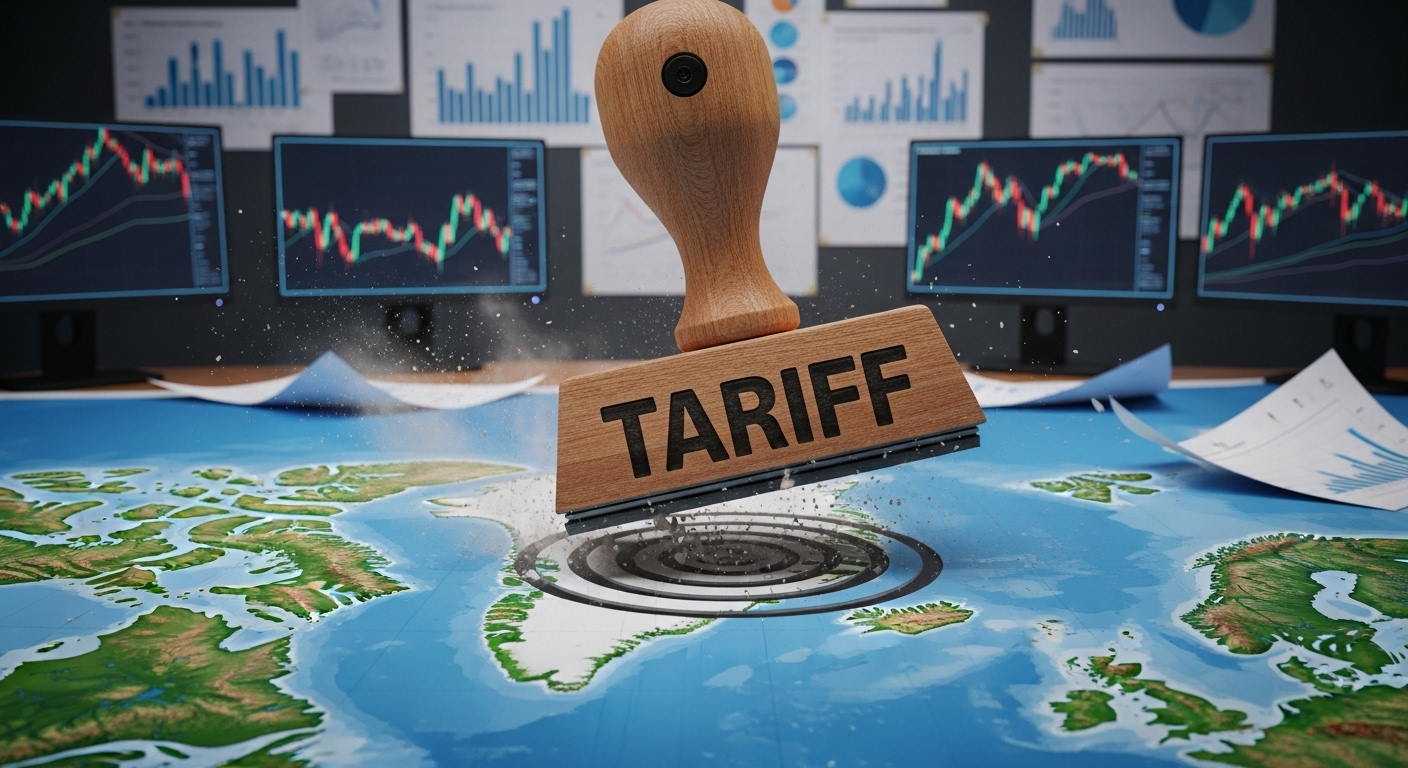 A giant stamp labeled 'Tariff' stamping down on a map of Greenland, with the shockwave shaking surrounding stock charts.