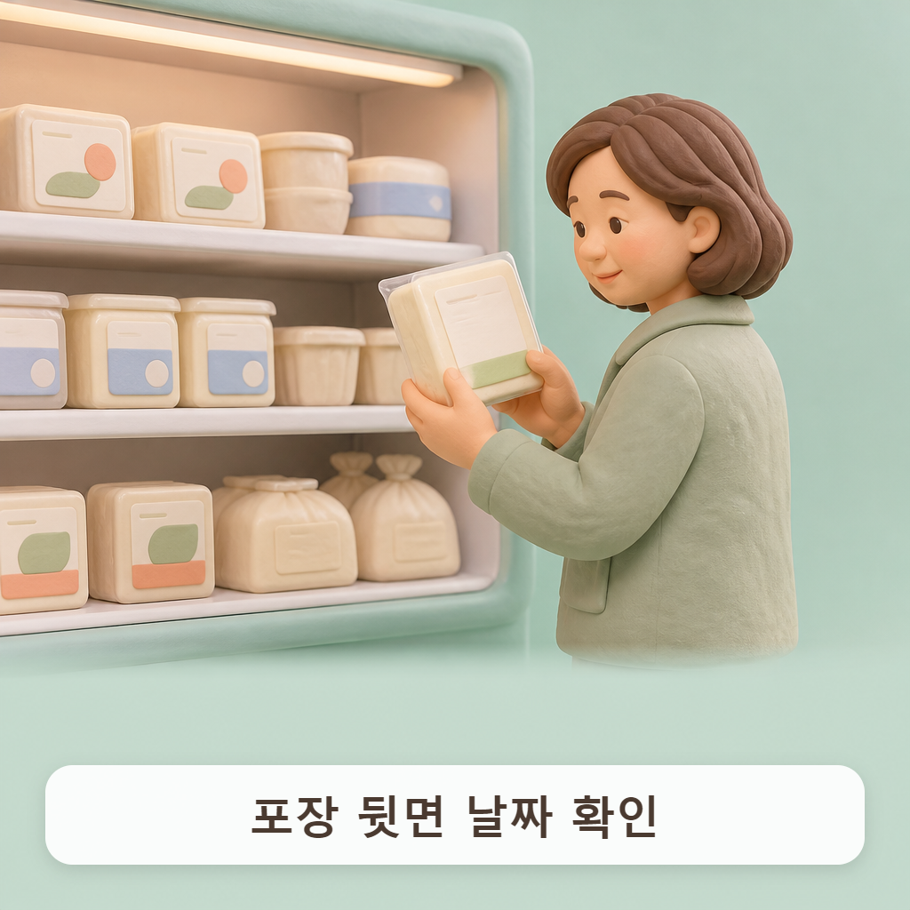편의점 냉장 진열대 앞에서 두부 포장 뒷면을 뒤집어 보는 중년 여성