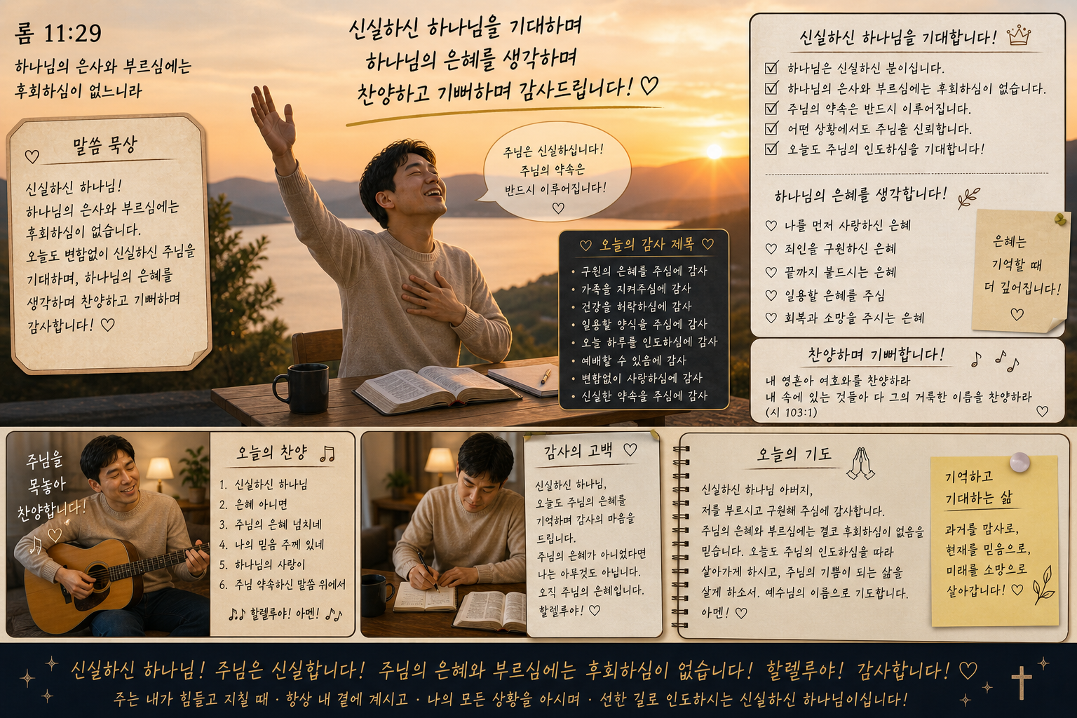 롬 11:29 말씀에서 신실하신 하나님을 기기대하며 하나님의 은혜를 생각하며&amp;#44; 찬양하고 기뻐하며 감사하는 시간을 갖는 모습입니다.