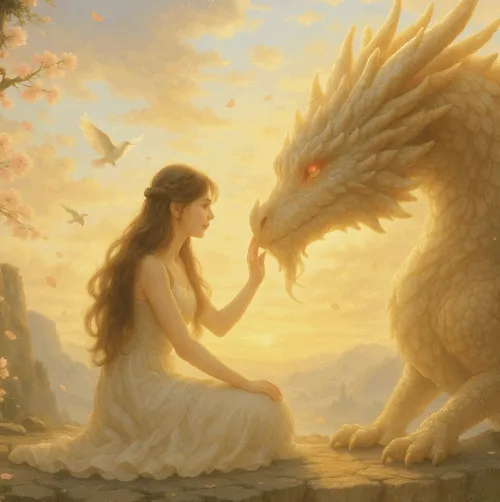 a beautiful young woman in a white dress gently touching a glowing dragon's face, golden hour, cinematic lighting, soft background