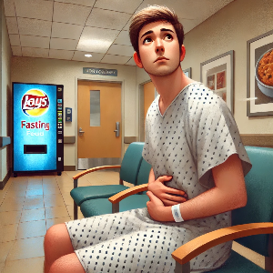 내시경 검사를 위해 금식 중 배고픔을 느끼는 모습