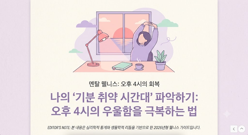 "라벤더, 민트, 인디핑크색의 차분한 파스텔톤으로 그려진 2D 일러스트. 책상 위에 놓인 따뜻한 찻잔, 식물, 그리고 켜져 있는 작은 스탠드 조명 옆으로 '멘탈 웰니스'라는 문구가 평온하게 떠 있어, 지친 마음에 안정을 주는 분위기를 연출한다."