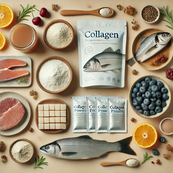 콜라겐 파우더, 젤리, 생선, 베리류 등이 정돈된 건강 식단 이미지
