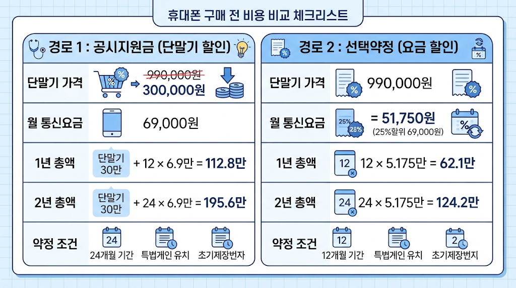 휴대폰 공시지원금과 선택약정 비교 체크리스트