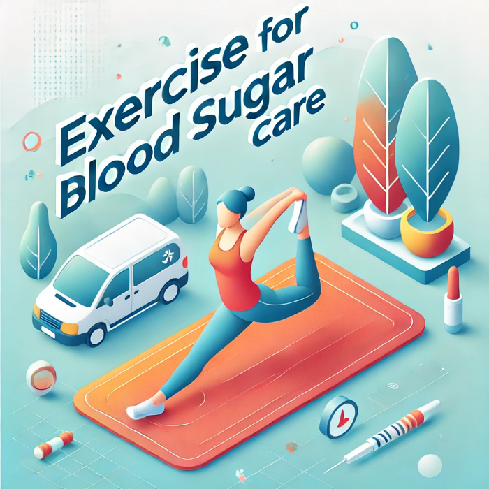혈당 조절을 위한 운동 장면: 요가 매트 위에서 스트레칭을 하는 사람과 운동의 중요성을 강조한 이미지.
