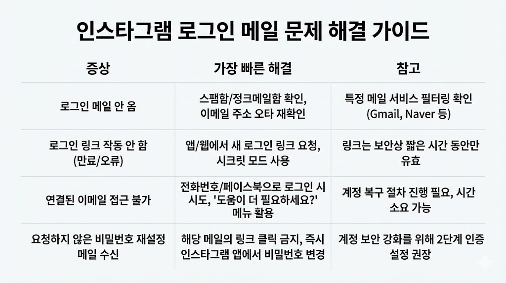 인스타 로그인 링크(메일) 안 옴/늦게 옴 2026: 원인 7가지 + 5분 즉시 해결