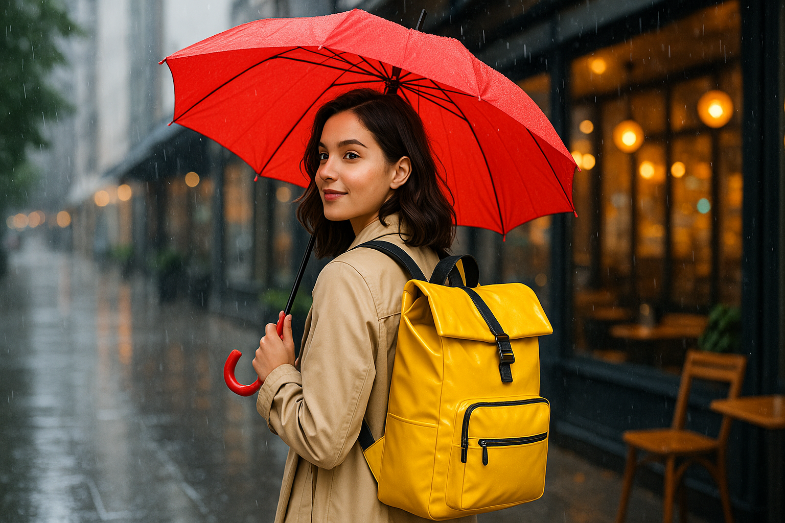장마철 비오는 배경에서 스타일리시한 방수 백팩을 메고 예쁜 우산을 든 젊은 여성