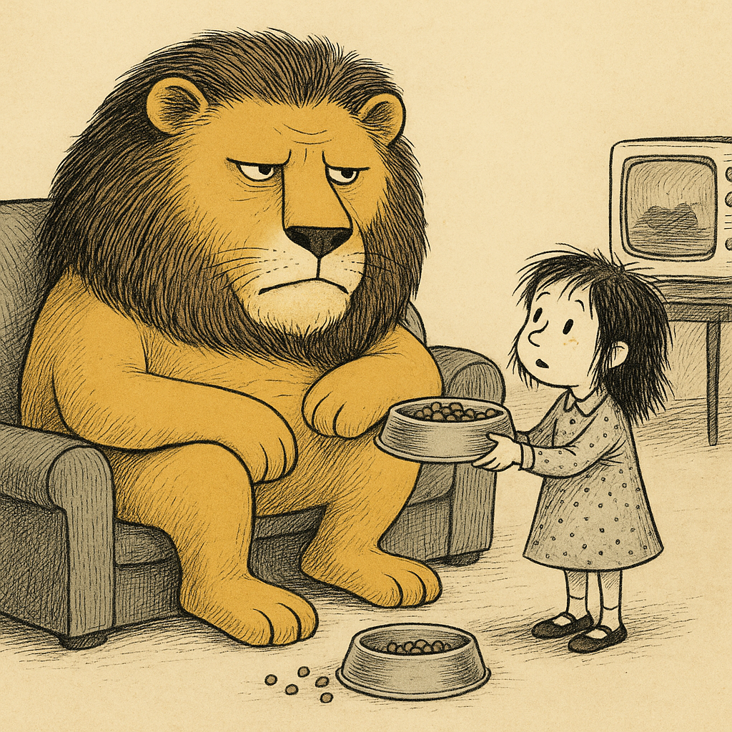 앙드레부샤르 작가의 '사자는 사료를 먹지 않아' 그림책에 어울리는 주인공이 사자에게 먹이를 주고 있는 그림입니다