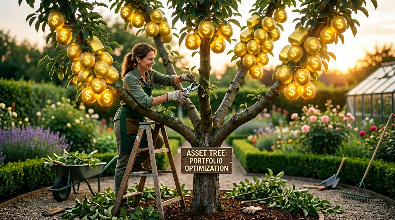 무성하게 자라 관리가 안 되는 나무를 정원사가 가위로 쳐내어, 굵고 튼튼한 5개의 가지만 남겨 탐스러운 배당금 열매가 열리게 만드는 일러스트