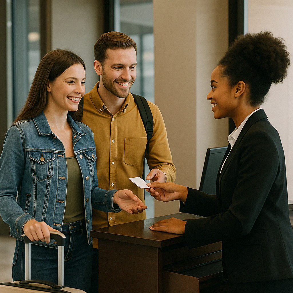 프런트 데스크에서 체크인하는 장면을 담은 이미지로&amp;#44; &amp;#39;I have a reservation&amp;#39;과 같은 표현을 연상시키는 상황입니다.