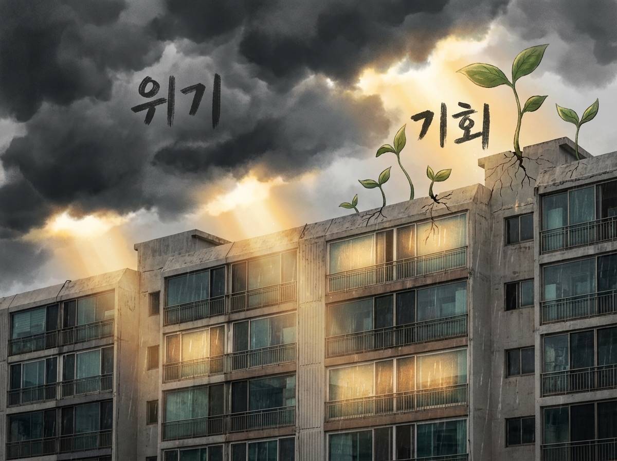 어두운 구름(위기) 사이로 빛이 비치는 아파트 단지와 그 위로 돋아나는 새싹(기회)을 형상화한 예술적 이미지